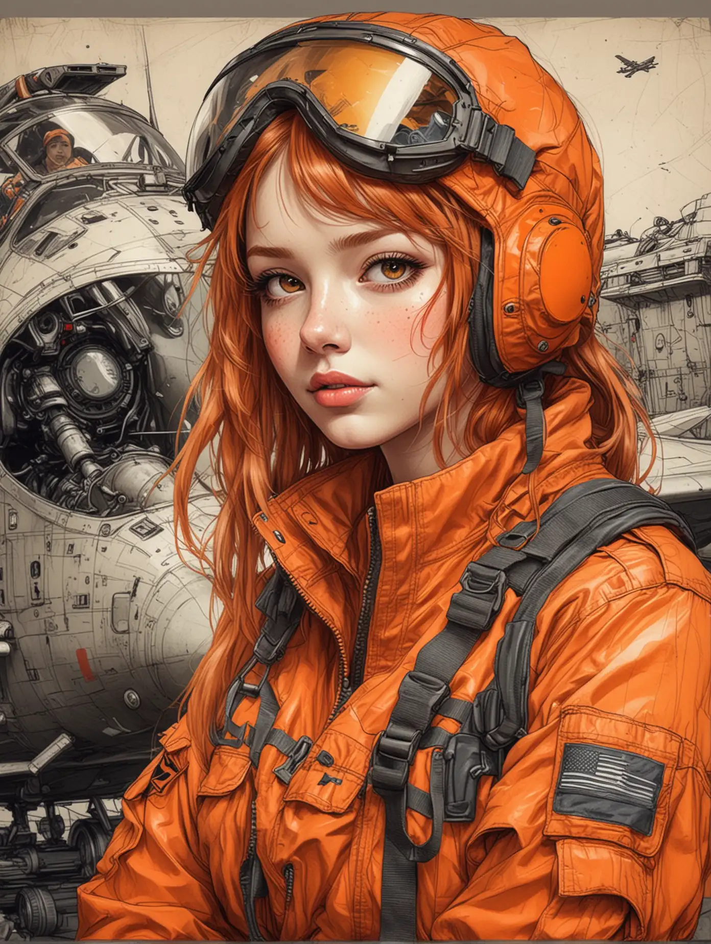 Whimsical style, Sketch of beauty anime ginger girl, wears orange military jumpsuit completely with pilot's helmet on hand, colorful pen sketchy draw, hand drawn, dark, gritty, realistic sketch, rough sketch, mix of bold dark lines and loose lines, war airplane background, on canvas, extremely detailed, masterpiece art