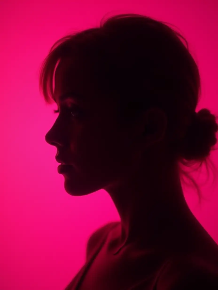 photography, portrait of contrast, profile silhouette of a woman, vibrant hot pink backdrop, visualize using a camera setup that mimics a large aperture, focusing solely on the silhouette's edge, while a low ISO maintains the richness of color without grain, photorealistic, UHD --ar 9:16 --chaos 1.7 --style raw