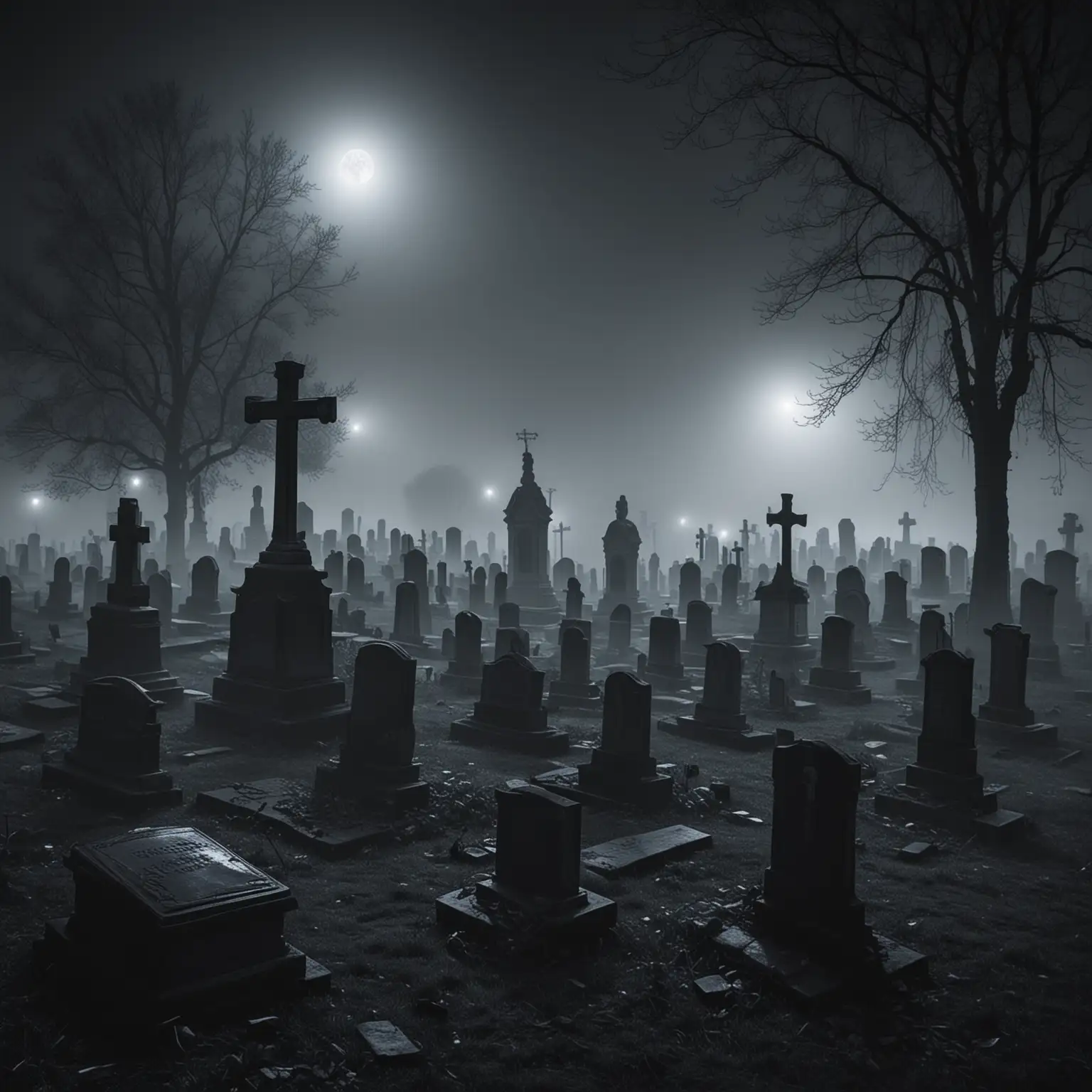 Eerie Cemetery Night Scene with Thick Fog