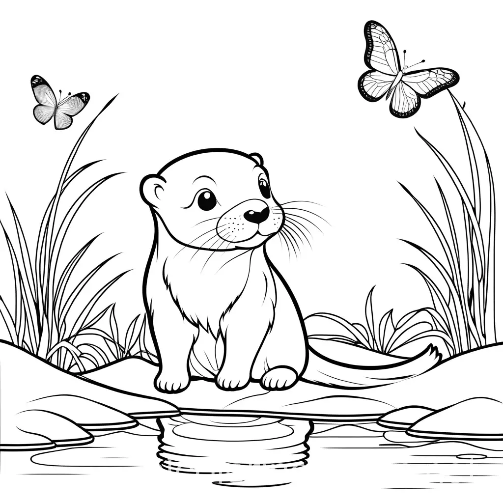 Baby Otter following a butterfly, Coloring Page, black and white, line art, white background, Simplicity, Ample White Space. The background of the coloring page is plain white to make it easy for young children to color within the lines. The outlines of all the subjects are easy to distinguish, making it simple for kids to color without too much difficulty