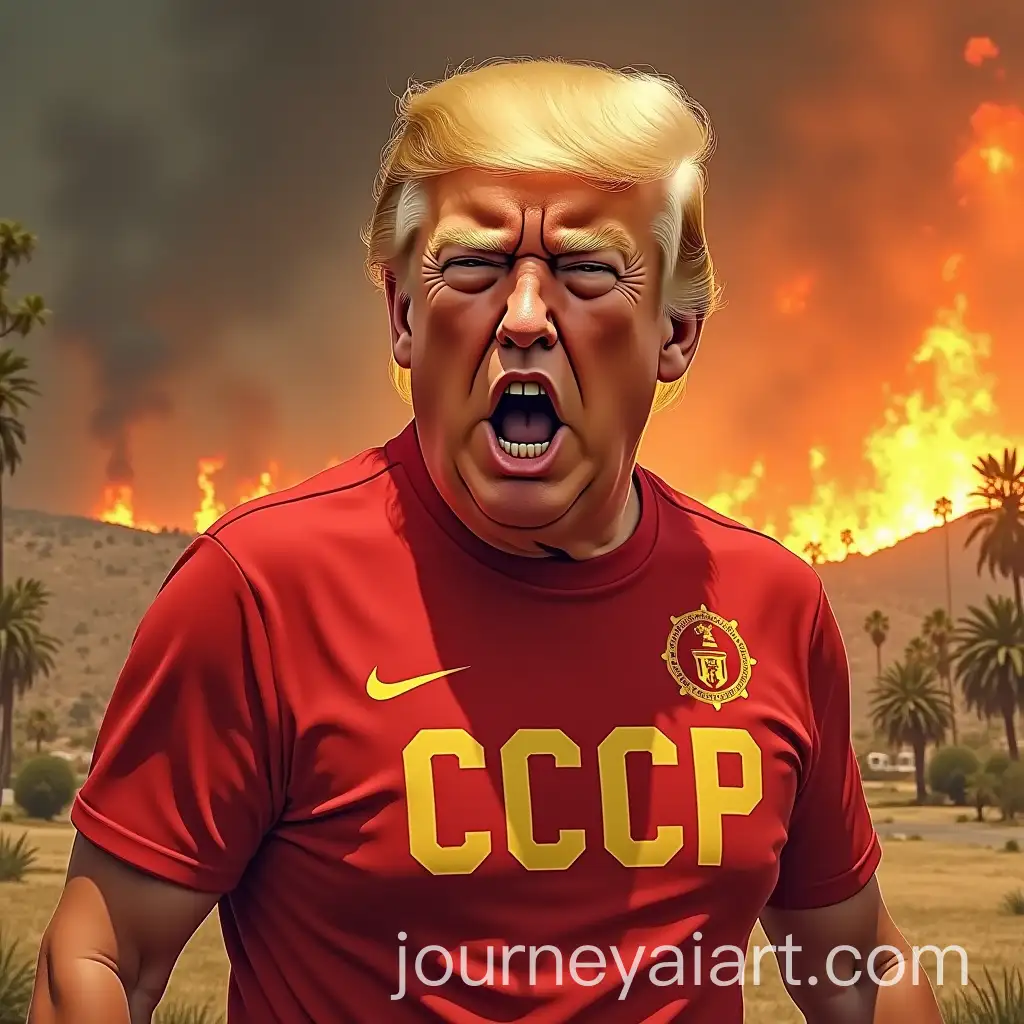 Caricature-of-Trump-in-Angry-Chaos-During-Los-Angeles-Wildfire-Wearing-Red-CCCP-Soccer-TShirt