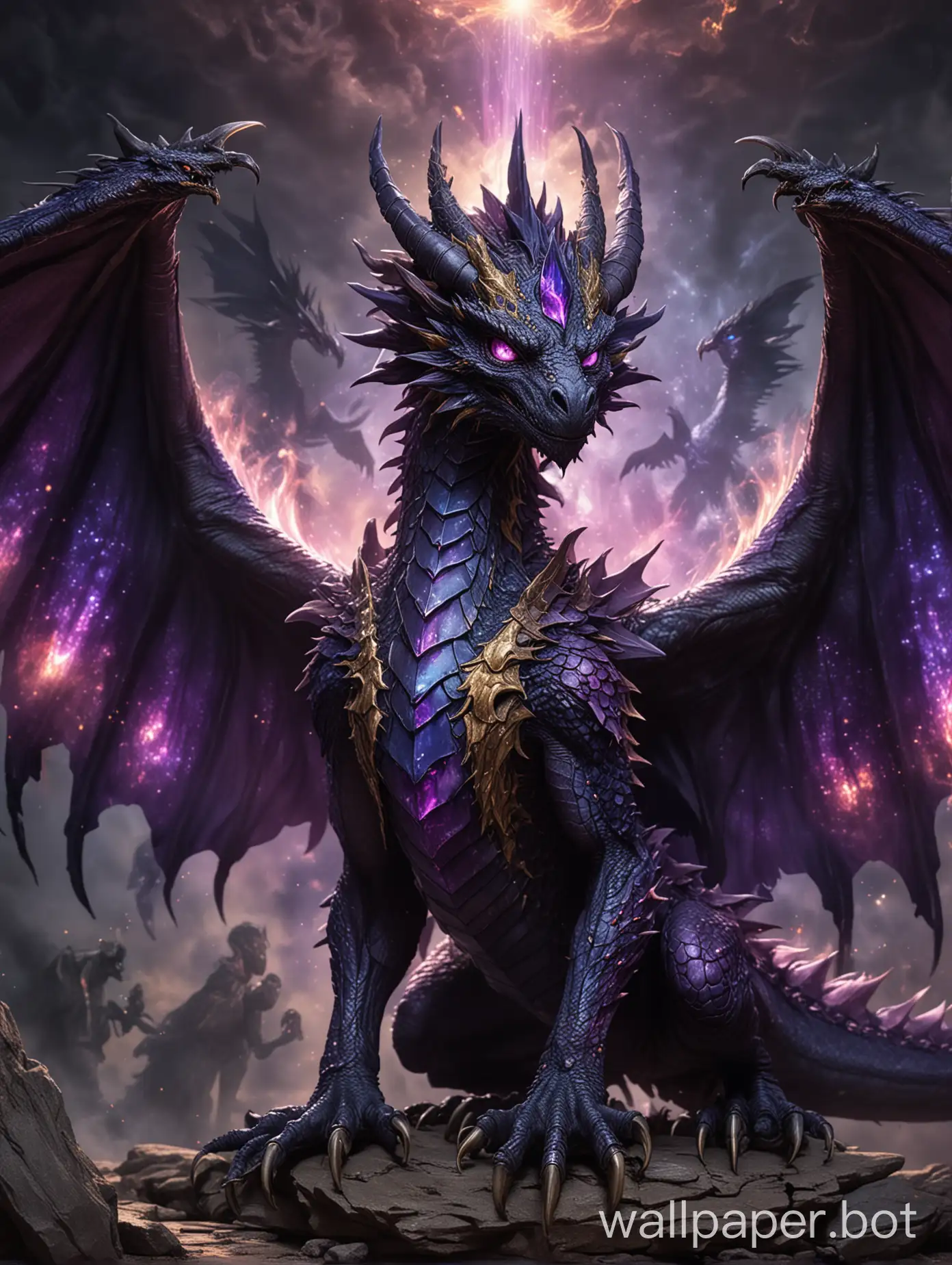 dragon humanoide con 4 alas, dos de fenix y dos de dragon, con una corona hecha de sus cuernos, escamas negras y 6 ojos de distintos colores rodeado de un aura magica morado oscuro