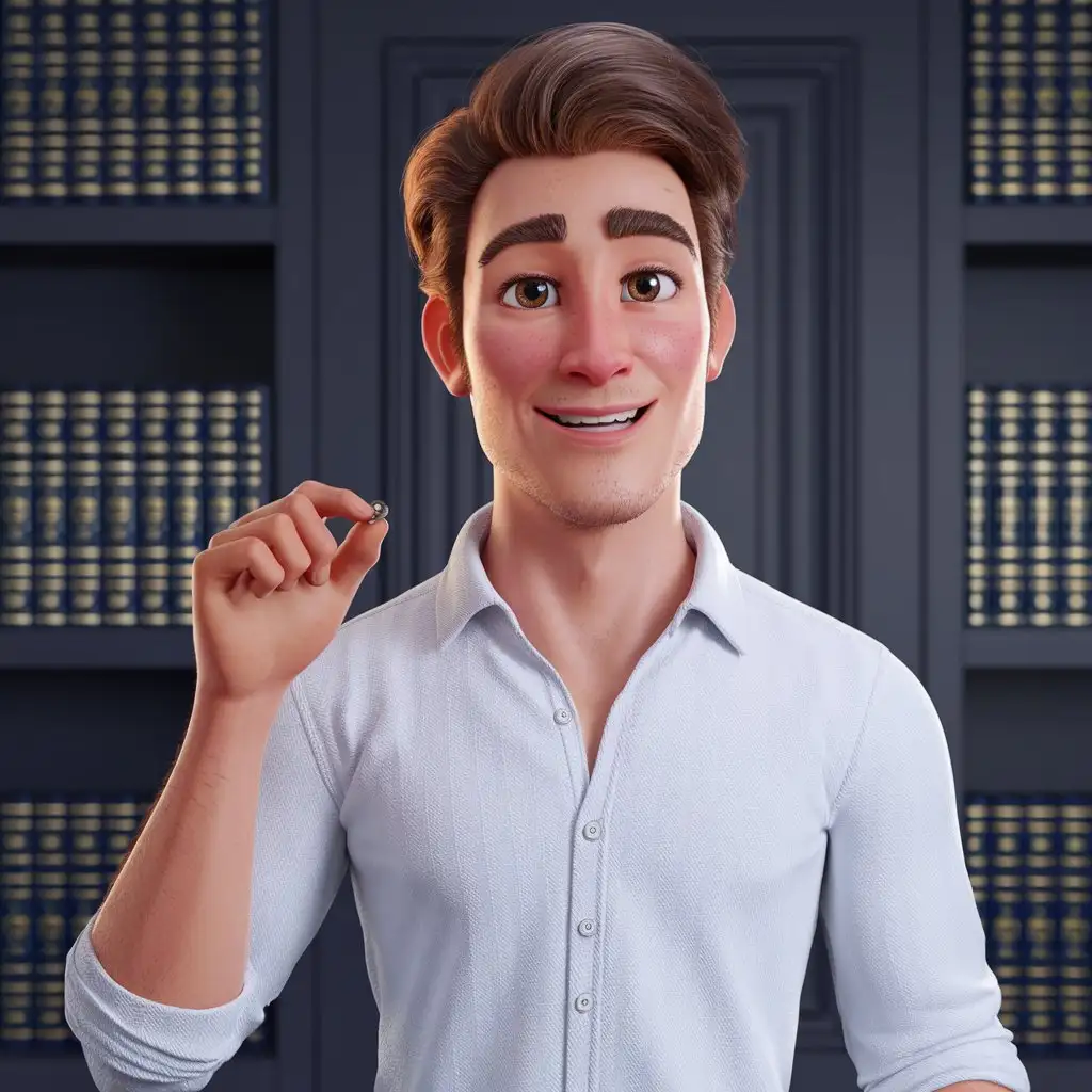 a realistic young man, 25 years old, beautiful and happy look, from the waist up holding a small button on an intelligent background with books 3D animation