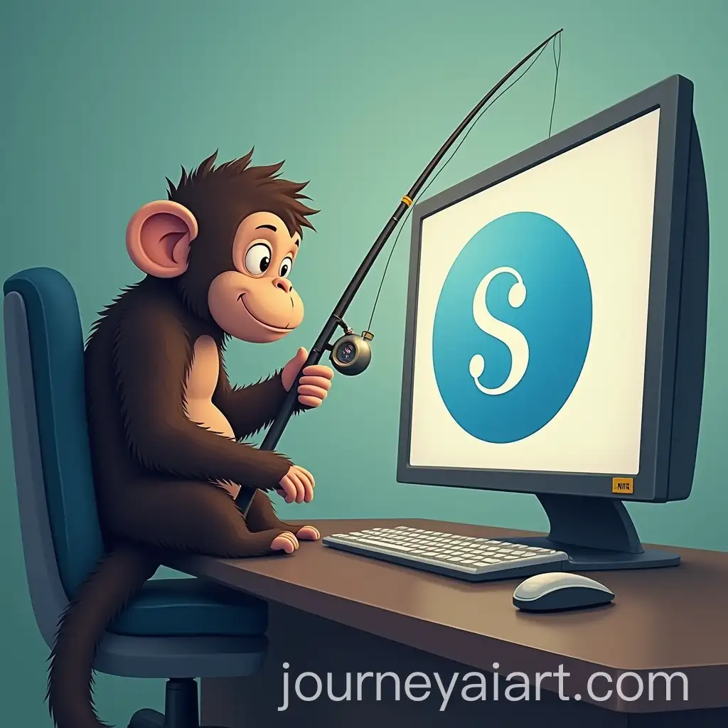 Monkey-Fishing-by-Computer-with-Blue-S-Logo-on-Screen