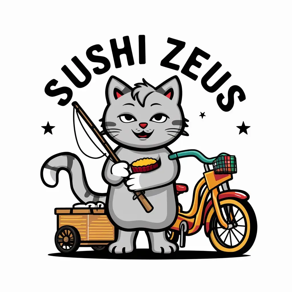 a vector logo design,with the text "Sushi Zeus", main symbol:Delivery sushi gray kitty with fishing rod smiles and holds suishi nearby stands bright and colorful bike on white background,complex,clear background