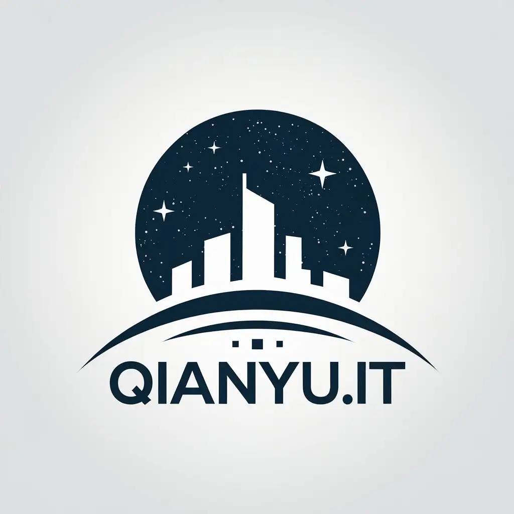 a vector logo design,with the text "QianYu.IT", main symbol:starry sky city,Minimalistic,be used in Technology industry,clear background