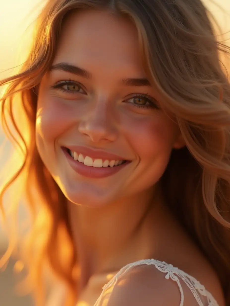 Beautiful young woman, soft pastel colors, gentle smile, dreamy eyes, flowing hair in soft breeze, cinematic lighting, delicate and romantic atmosphere, warm golden hour light, close-up portrait, cozy and emotion