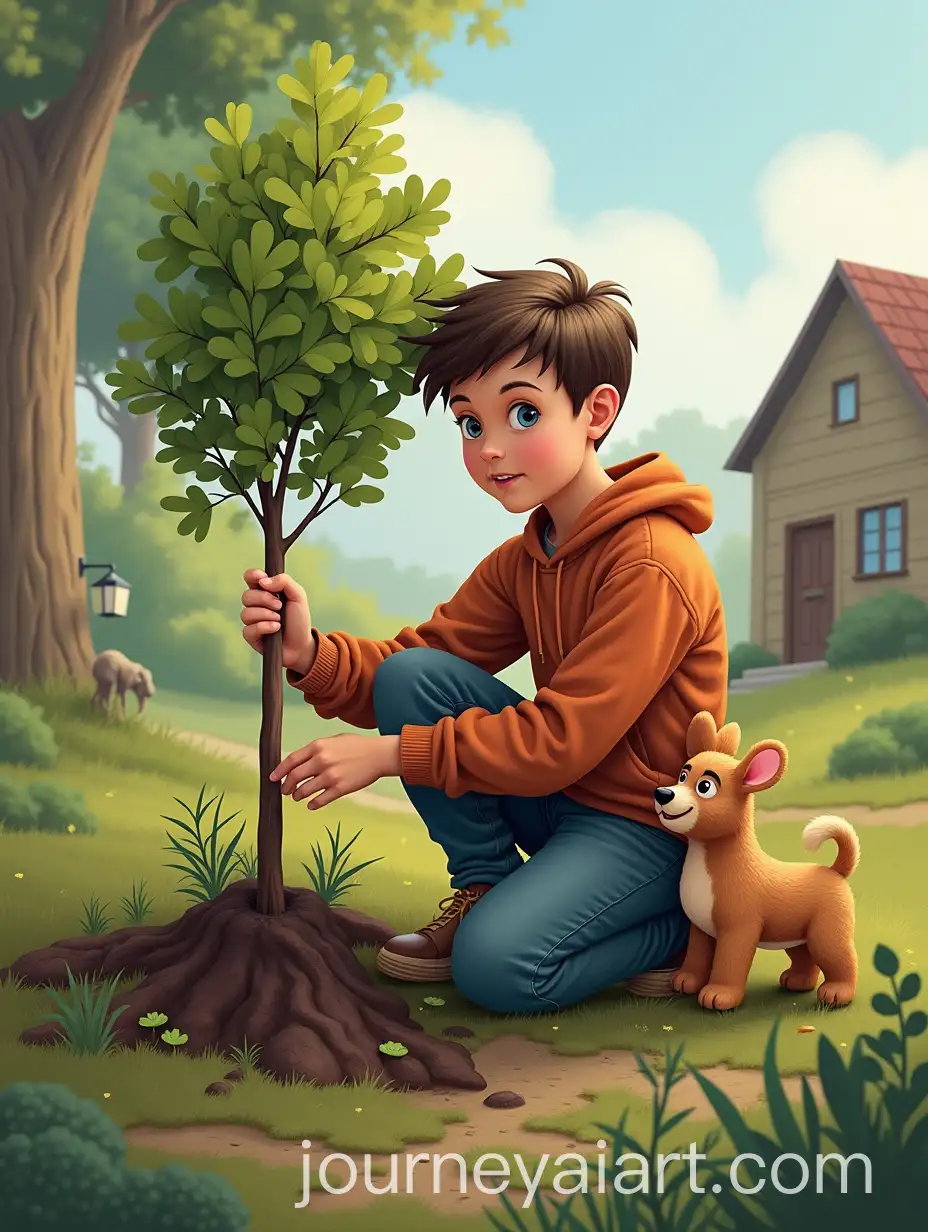 Young-Boy-Planting-a-Tree-Near-His-Home-with-Animals