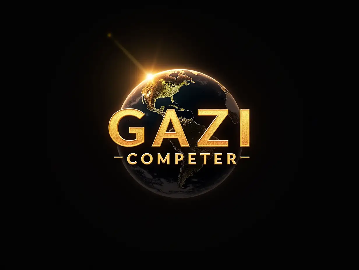 make a logo written GAZI COMPUTER, glittering golden and black color combination, structure of earth and computer