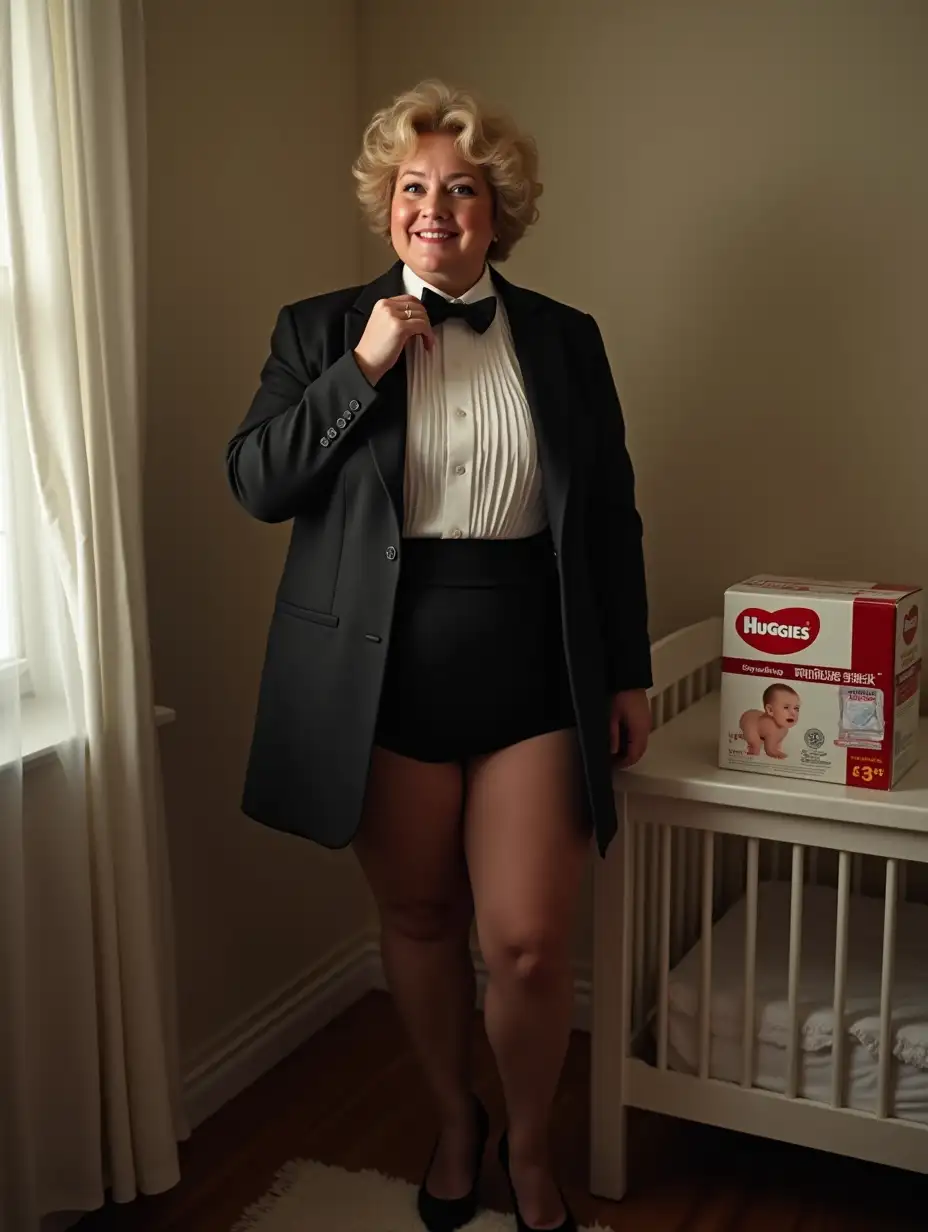 FullFigured-Woman-in-Formal-Orchestra-Tuxedo-in-Nursery-with-Huggies-Diapers