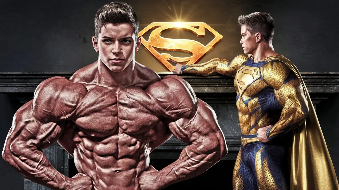 Teenage-Bodybuilder-Transforming-into-Hyperman-with-Luminous-Golden-Mantel