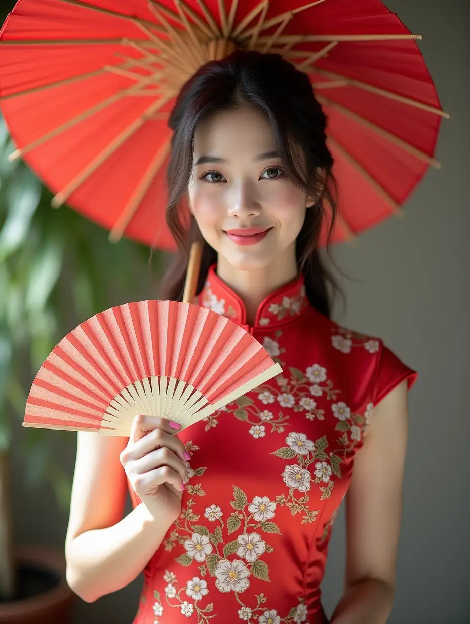 Elegant-Woman-in-Cheongsam-Holding-Butterfly-Fan-and-Umbrella-for-Photoshoot