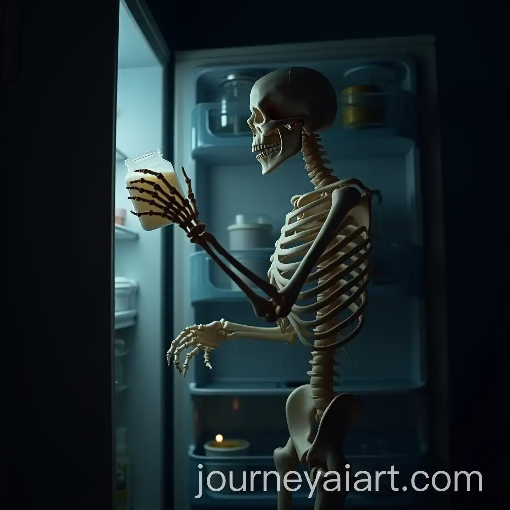 Skeleton-Taking-Milk-from-the-Fridge-at-Night-with-Fridge-Light-Glow