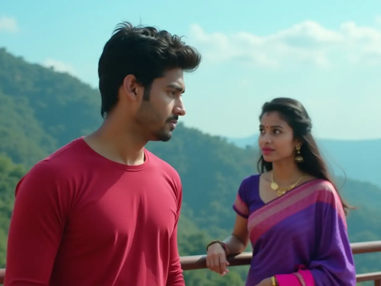 A young man coming facing the camera side looking with emotional expression wearing red full shirt, and a young woman wearing purple and pink mix saree standing on a balcony, background has mountain and blue sky, cinematic scene. Both are emotional expression