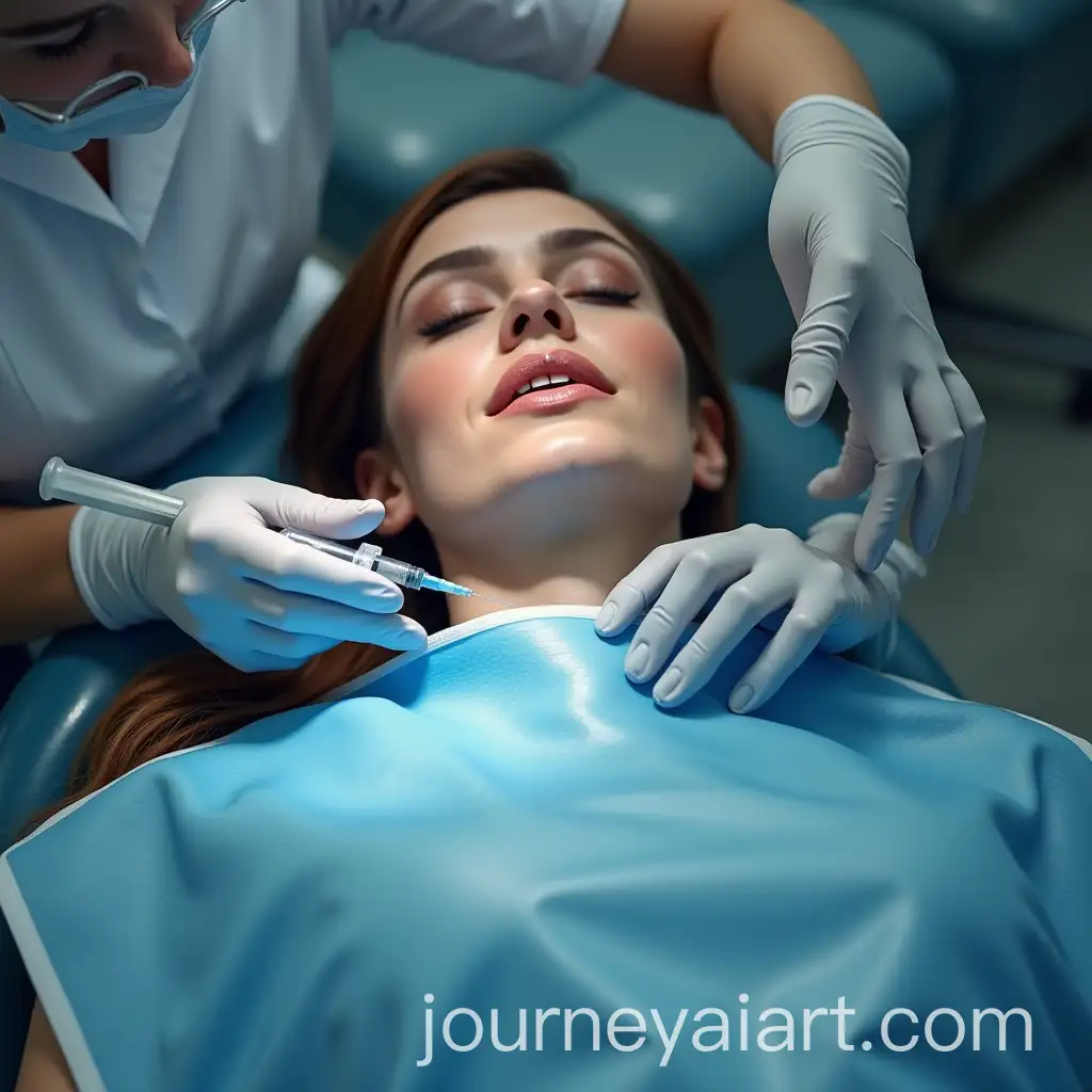 Dentist-Giving-Injection-to-Woman-in-Blue-Bib-at-Dental-Office