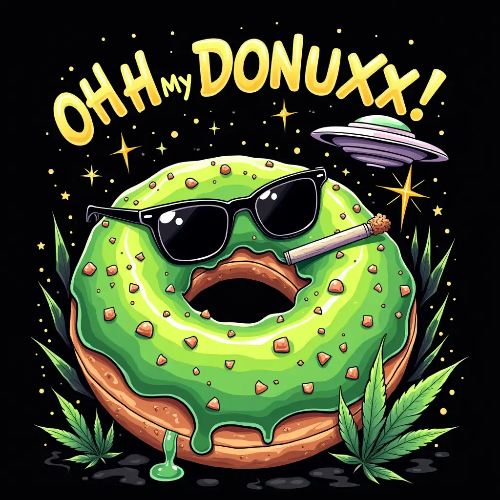 illustration suitable for screen printed T-Shirt design, concept art with mixed vegan anthropomorphic colorful green vegan Ufo alien donuts with black alien eyes and mouth and big teeth melted like a sugar with grass joint and near is ice cream cheff looks like crazy smiling to him and smoking weed canabis joint, wearing a cool black sunglasses and golden chains, there is a written word upper: OHH My DONUXX! star skies with flying ufo, CGI art highly detailed, vector Flat design, clean bold, sharp crisp outlines, isolated in black background