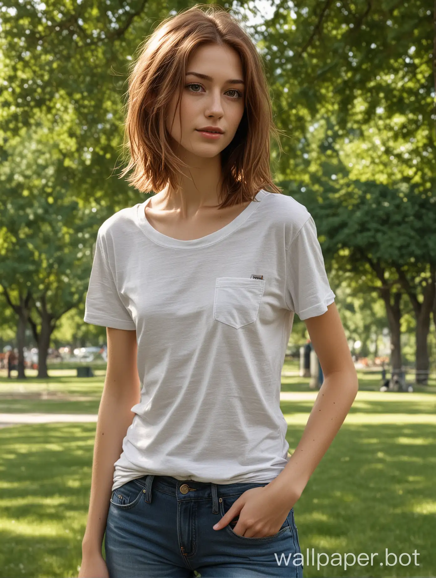 user_prompt: tall girl with chestnut hair and light highlights, with a very long nose, with very small breasts, with gray eyes, in a t-shirt and jeans, in the park, in profile