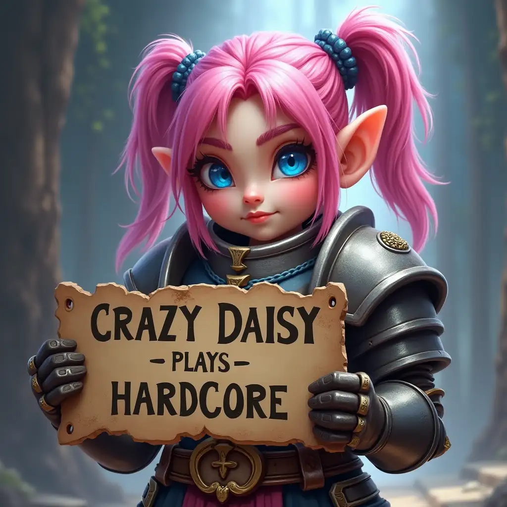 World of Warcraft gnome female with pink pigtail hair and blue eyes in mail armor holding a sign saying Crazy Daisy Plays Hardcore