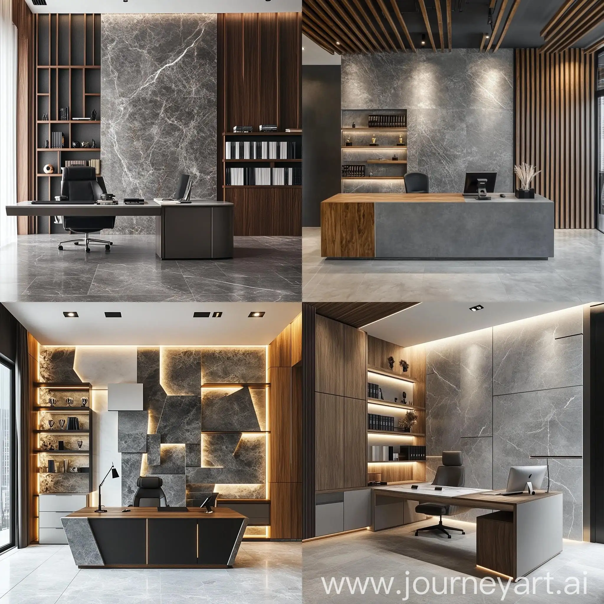 Modern-Office-Wall-with-Award-Shelves-and-Stone-Finish-Back-Wall