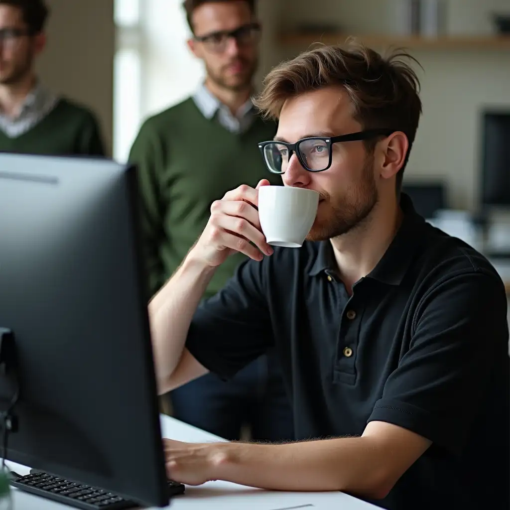 Project-Manager-in-a-Modern-Office-Exploring-Stable-Diffusion-with-Tea-and-Two-Monitor-Setup