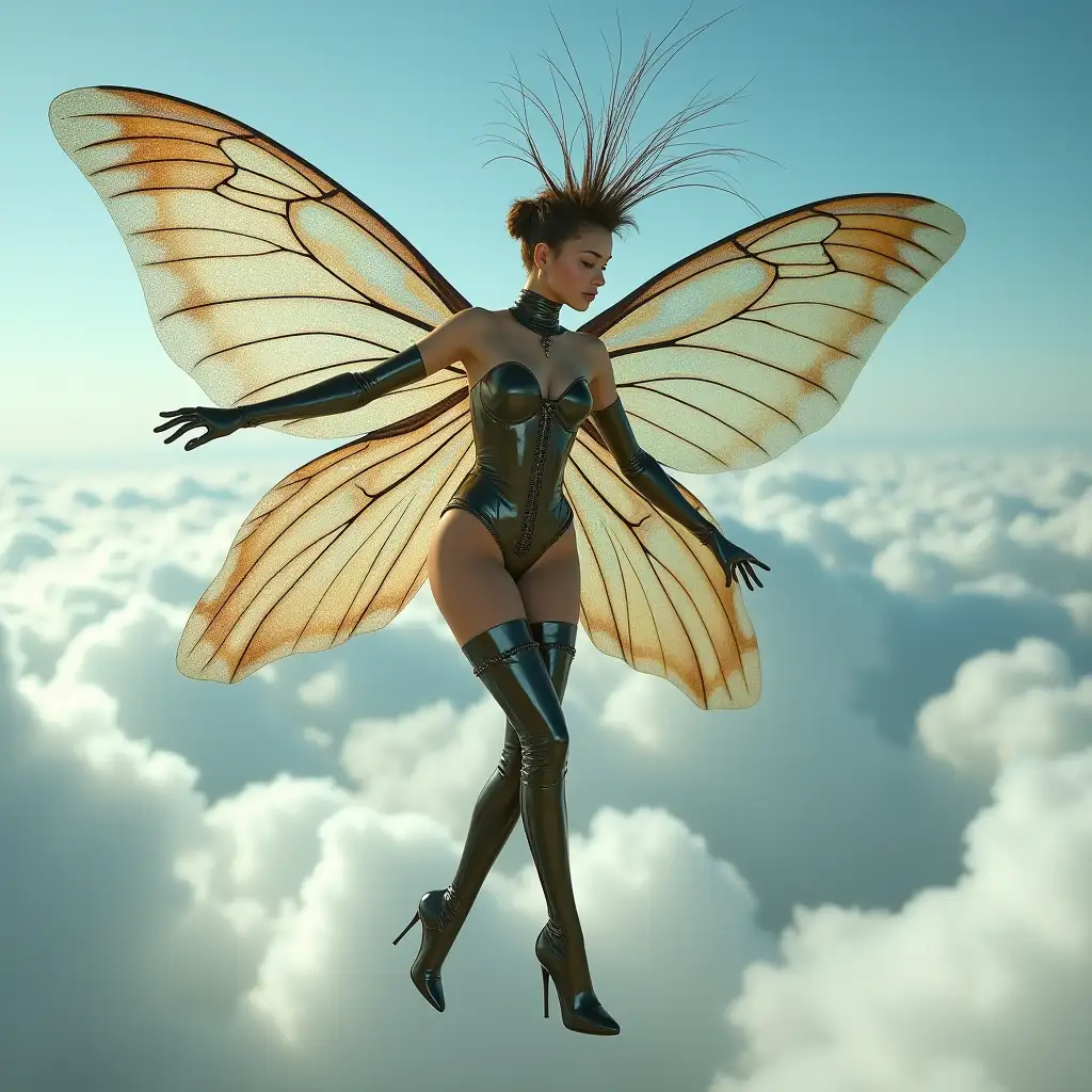 A photo of a fairy with a long moth antennaes like a pair of peacock feathers. She has gigantic, shiny, iridescent, sparkling, transparent moth wings. The fairy is wearing lacquered latex long gloves, lacquered latex corset and lacquered latex stiletto thigh boots with extreme high heels and garter belt. She has four arms and hands. The fairy is flying in the sky between clouds. Stiletto high heels view is side.