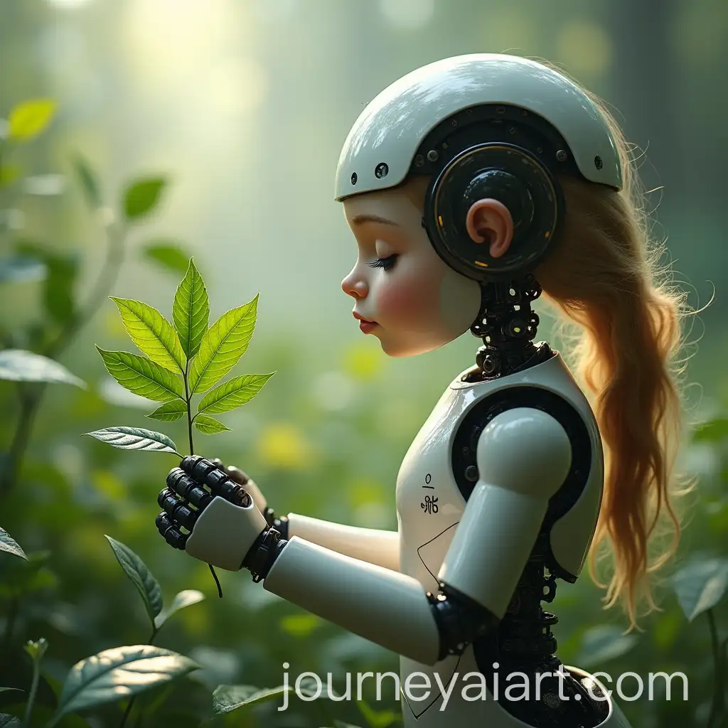 Robotic-Girl-Surrounded-by-Nature-Elements-of-Leaves-and-Plants