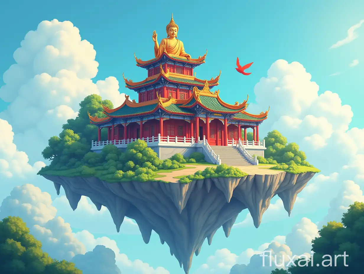 buddha, chinese temple, temple built on floating island in the air, in cartoon style