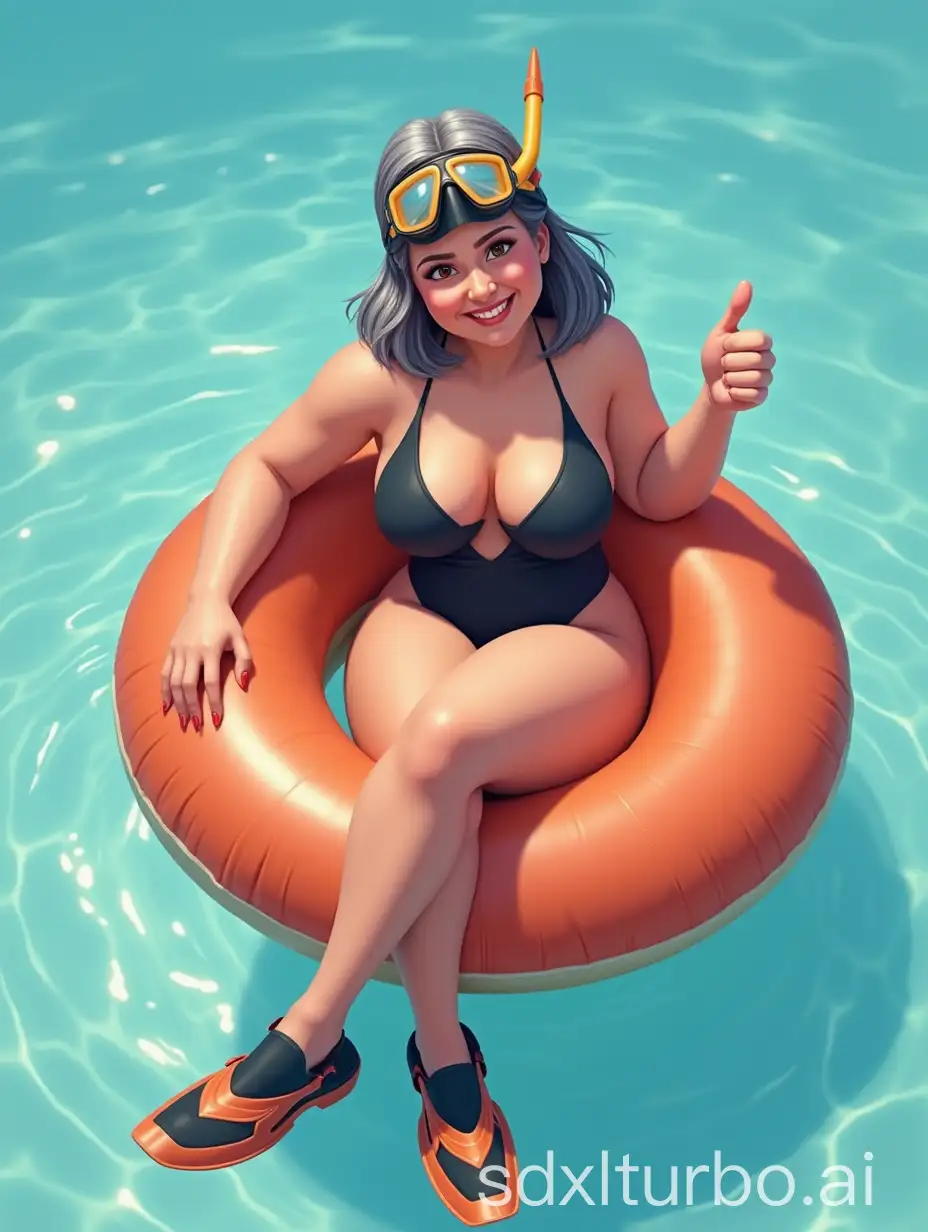 Cheerful-PlusSize-Woman-in-Stylish-Swimsuit-and-Snorkeling-Gear-on-Donut-Float