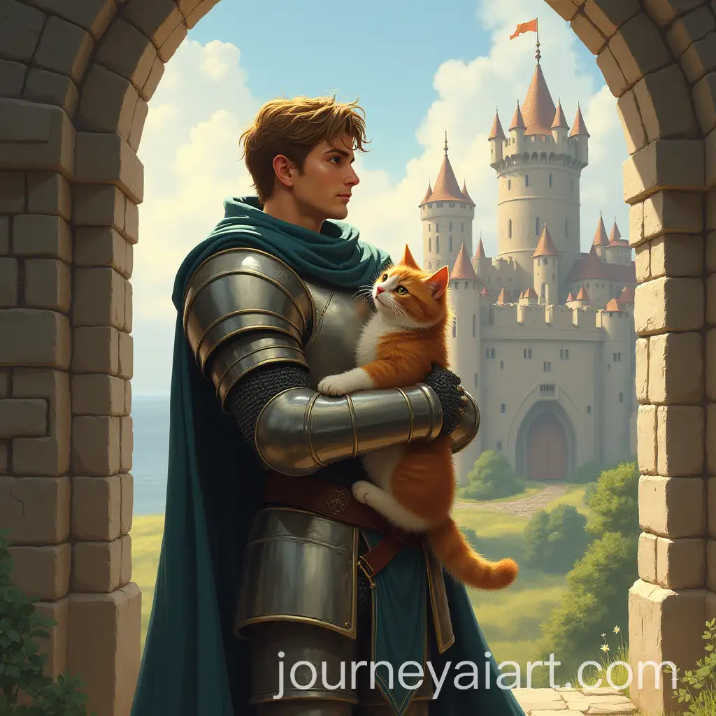 Fantasy-Knight-in-Armor-Holding-a-Cat-Near-a-Castle
