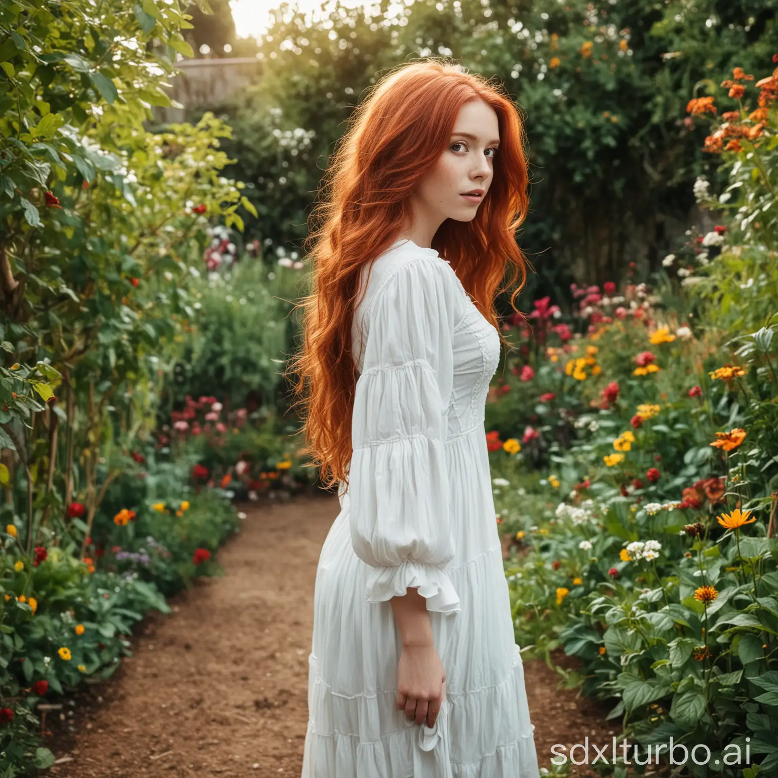 Young-Girl-with-Long-Red-Hair-in-a-Garden-Wearing-a-White-Dress