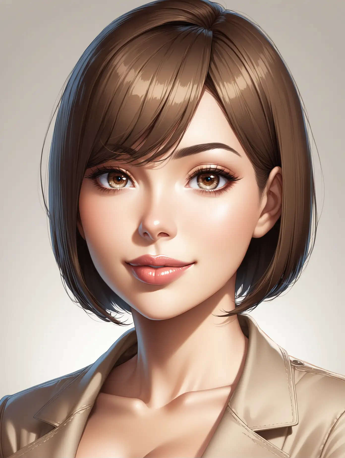 a woman with light brown jacket with bobcut dark brown hair, bobcut, bob cut, a female, mature female, lips visible, one directional light,  simple flat background, professional lighting, neutral background color, highly detailed eyes, (high detail eye: 1.4), high detail hair, neutral emotion, thick lips, highly detailed lips, head tilted, smiling, cleavage, big breasts, low angle view, looking at viewer,