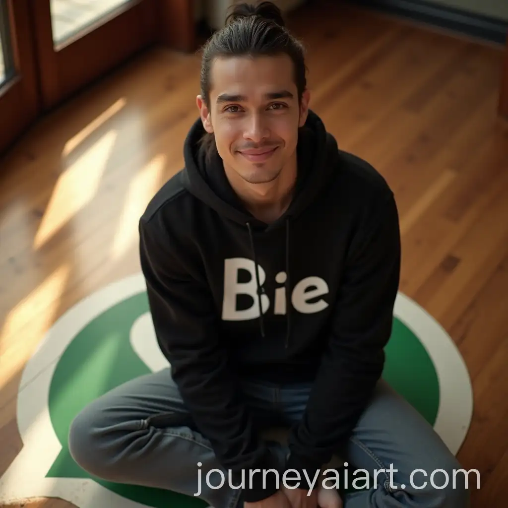 Casual-Portrait-of-a-Stylish-Indonesian-Man-with-WhatsApp-Logo-on-Wooden-Floor