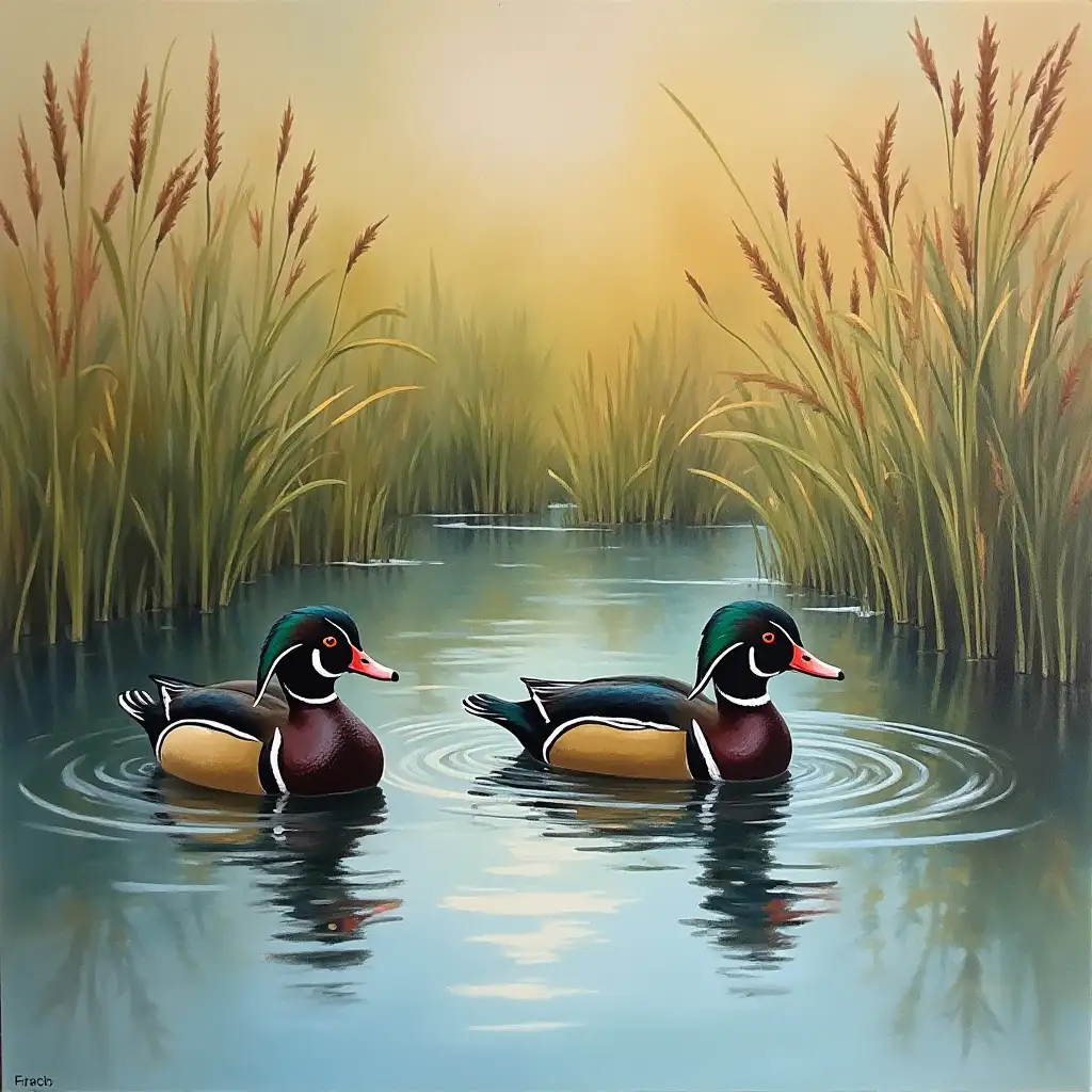 Bufflehead Ducks Floating in Serene Pond with Surrounding Pond Grasses