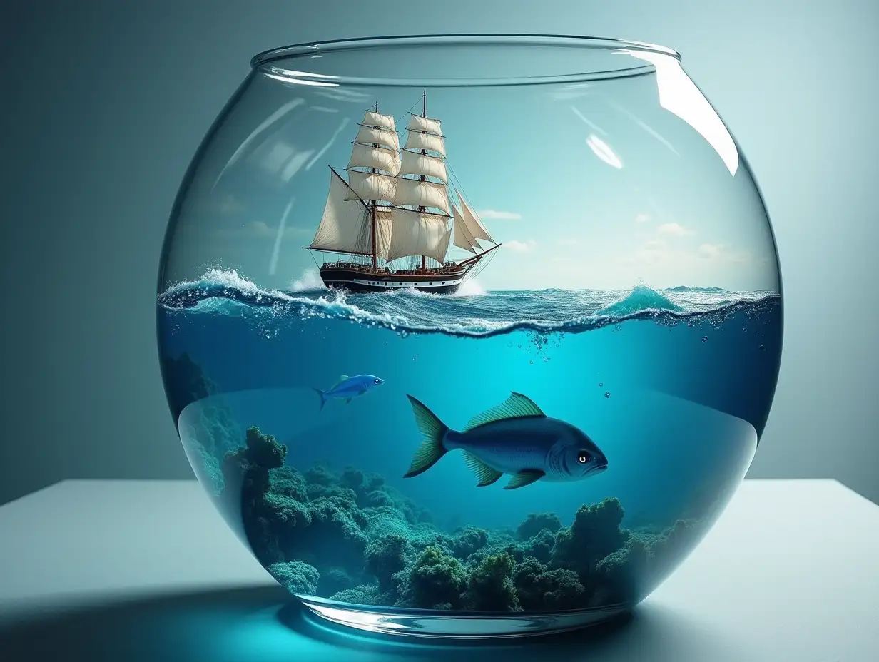 Create an oval glass container with an ocean with big waves, Fish under water, a large sailing ship and a 4K flash resolution