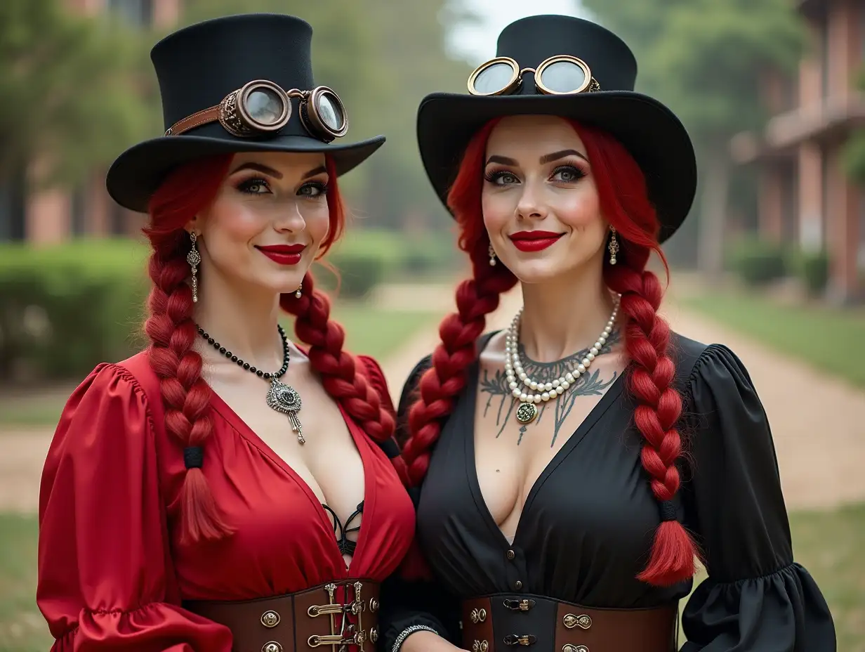 Two white, plump Pin-up-Girls aged 70, red braids, wear a deeply cut blouse in red and black, light smile on the face, tattoos, a Steampunk top hat with classic goggles, red lipstick emphasizes their smile, modern jewelry, and much more holding a pearl necklace, in a park with many houses in India Cyberpunk 8k quality