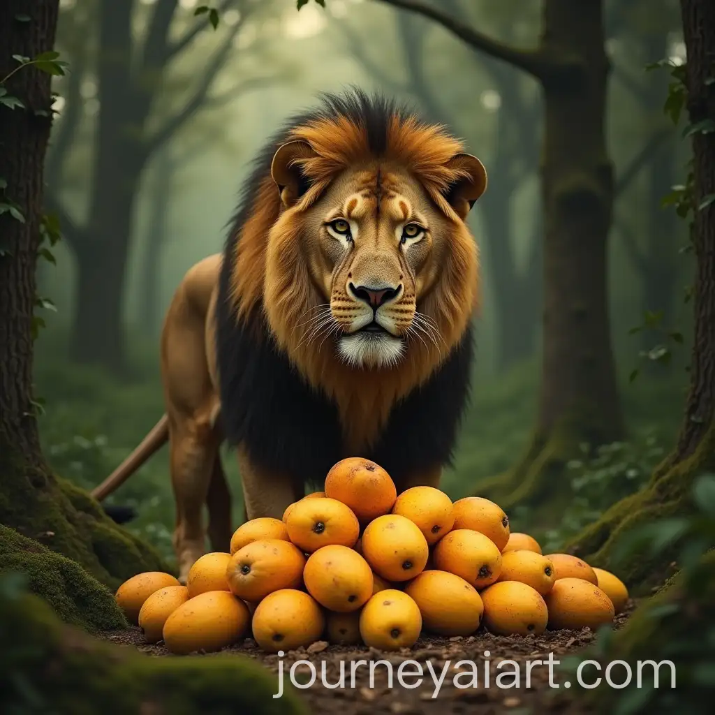 Lion-in-Forest-Surrounded-by-Rotten-Juicy-Mangoes