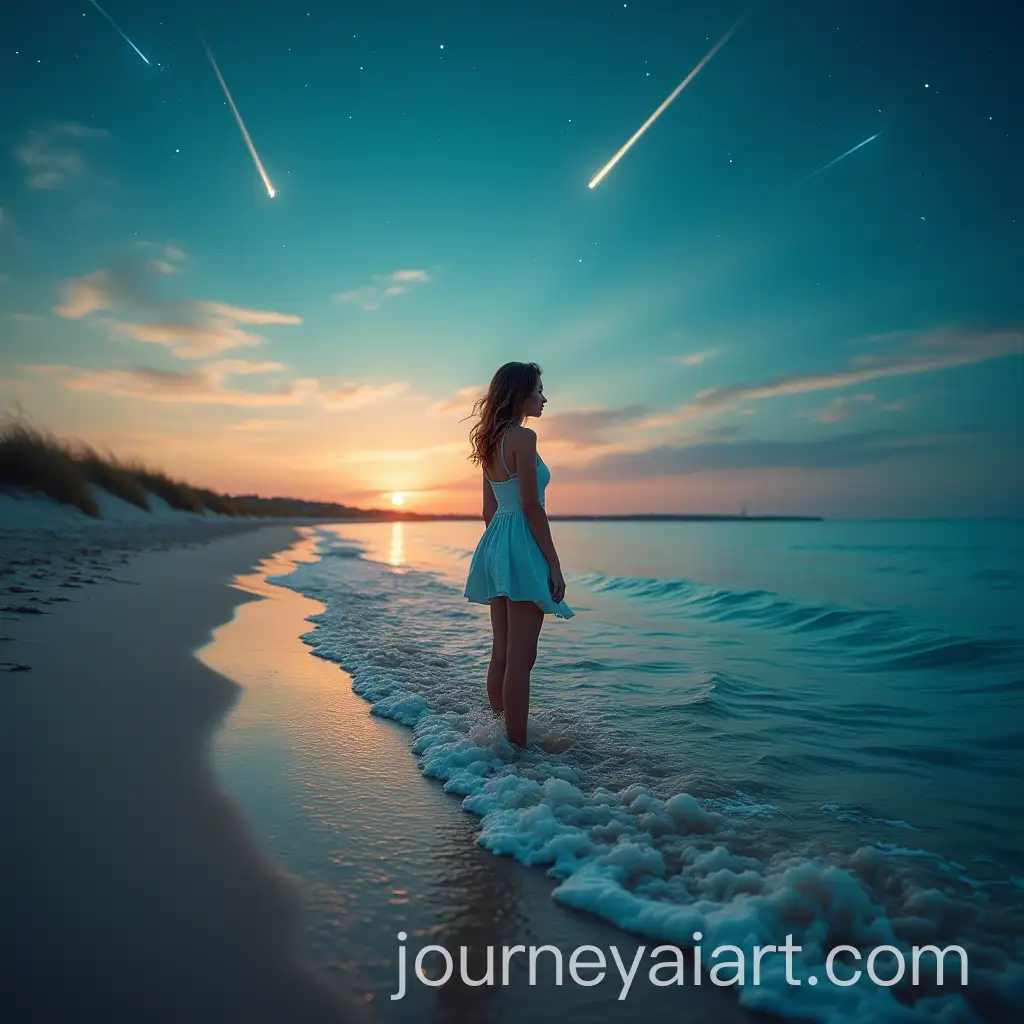 Serene-Young-Woman-Standing-in-Calm-Surf-at-Sunset-with-Shooting-Stars