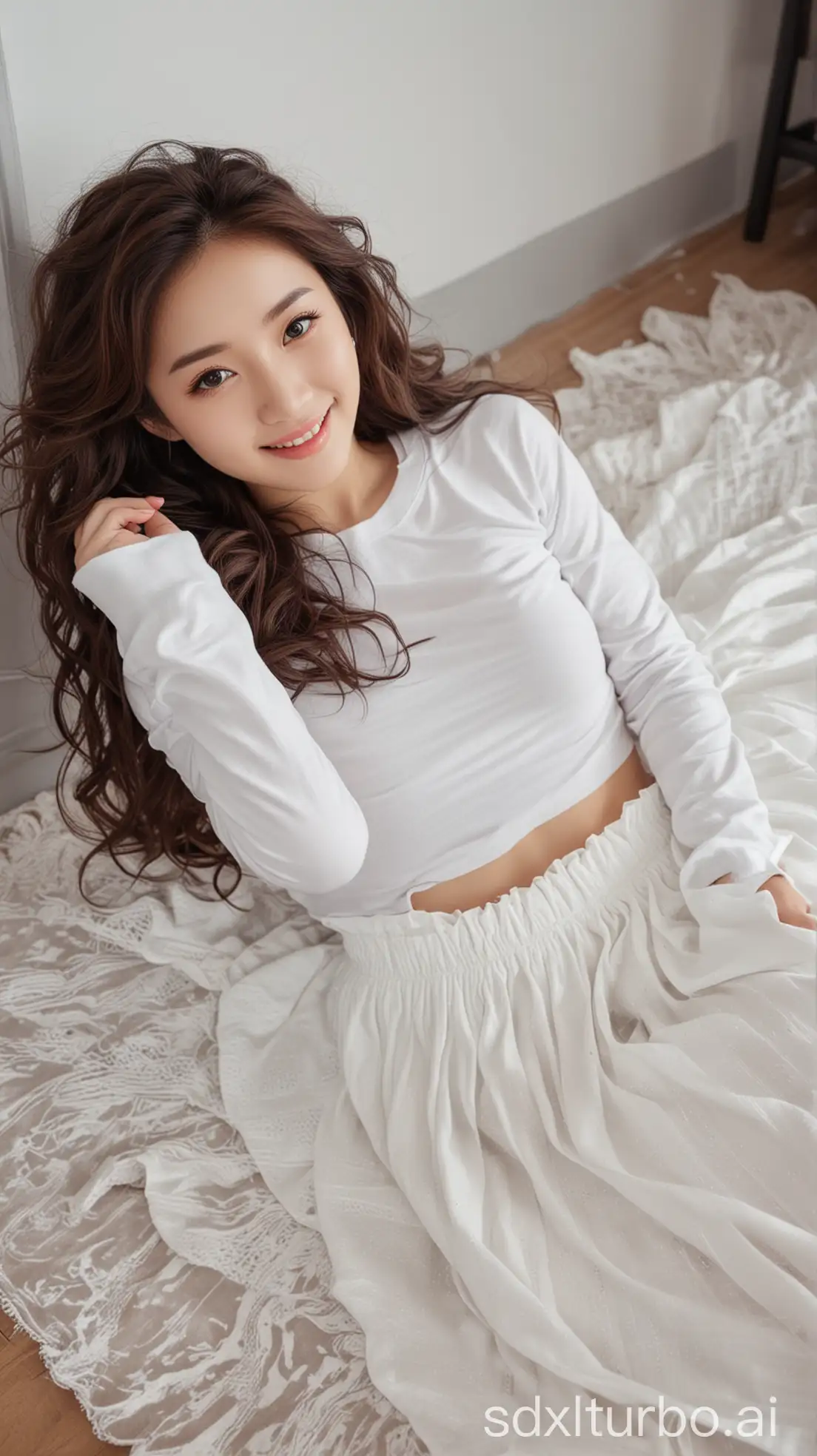 Chinese-Beauty-with-Sweet-Smile-in-Winter-Outfit-Relaxing-Indoors