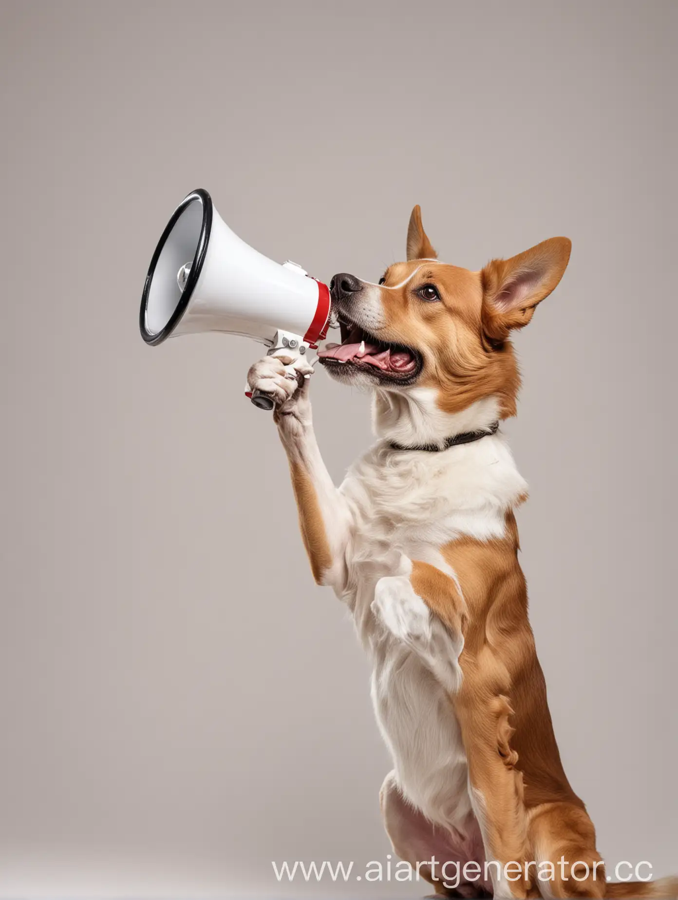 the dog holds a megaphone in his hands and shouts into the megaphone on a light background