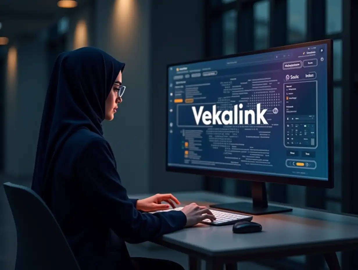 A hyperrealistic photograph of an Iranian lawyer (male with dark hair or female wearing a hijab, according to your preference) working with a digital platform featuring a modern and user-friendly interface. The brand name 'Vekalink' is prominently displayed on the screen. The lawyer is providing legal services to clients (online consultation, document review, etc.), and the Vekalink platform helps him or her to perform tasks more quickly and efficiently. The color palette includes deep indigo/purple-blue, white, and light gold, conveying professionalism, efficiency, and technological innovation. The entire image should have a photorealistic quality, with a focus on detail and realism.