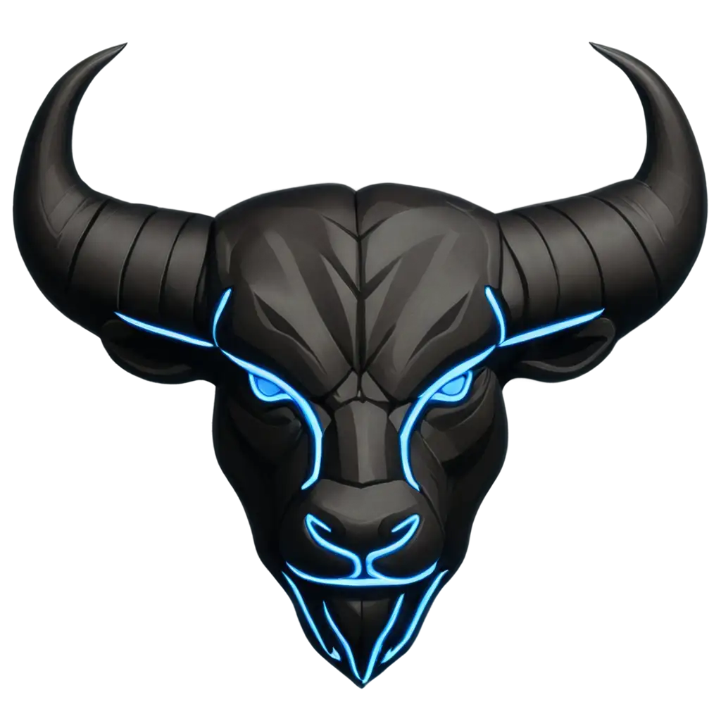 bull , taurine , company logo , game , black , blue , red , white , maybe neon , 2d , head , small