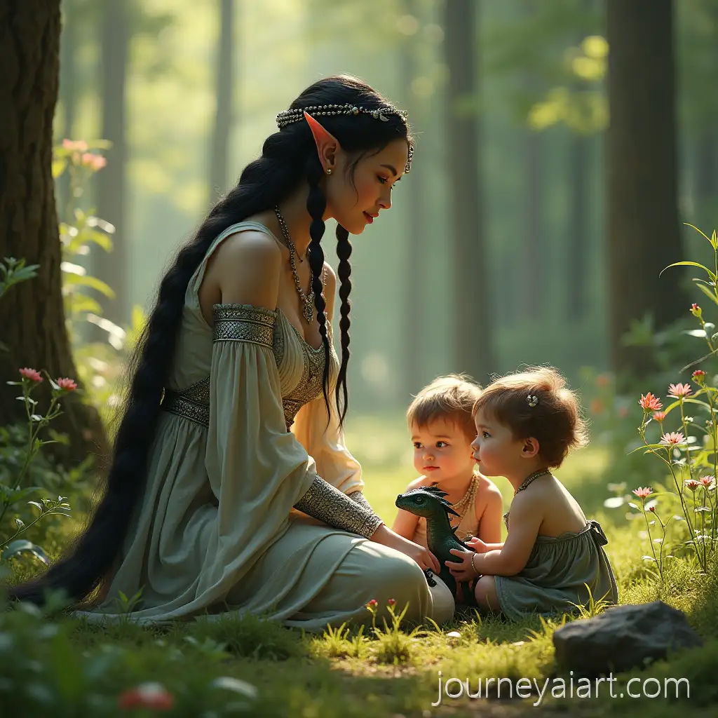 Elven-Mother-with-Infant-Twins-and-Baby-Dragons-in-Sunlit-Forest-ClearingElven-mother-with-dragons