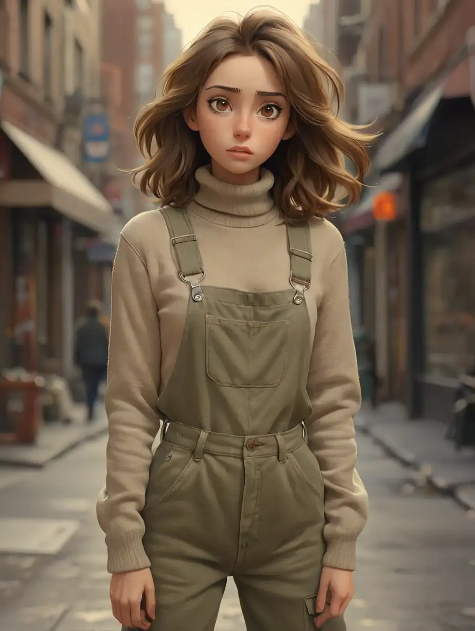 tired girl, sleepless in the morning, on the street, brown hair and brown eyes, perfect eyes, brown overalls and khaki turtleneck, full body, soft color, fabulous, surreal, octane rendering