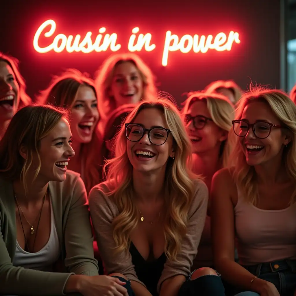 Many women of different age: blondes, brunettes, some with glasses. They laugh, some with a surprised face. There is a neon sign behind them saying: Cousin in power