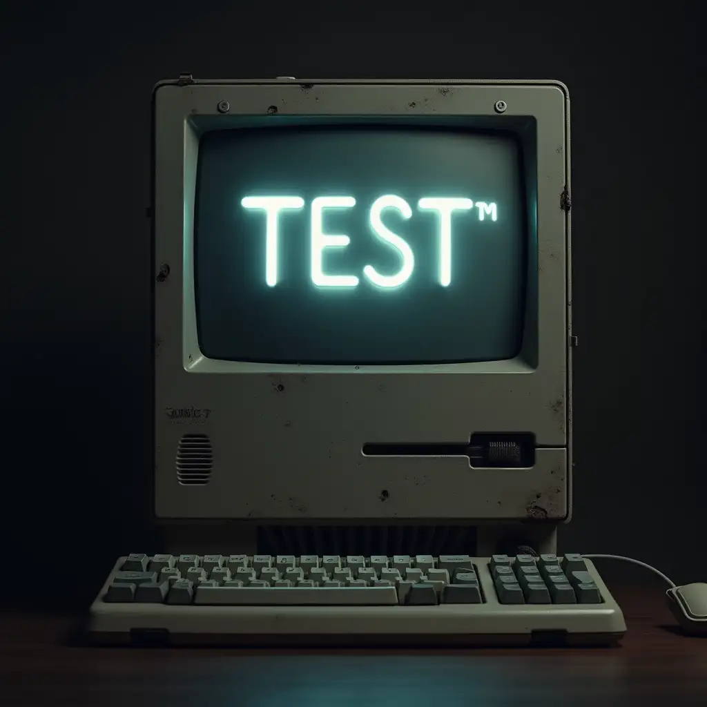 Old crt mac saying 'TEST™' in a script