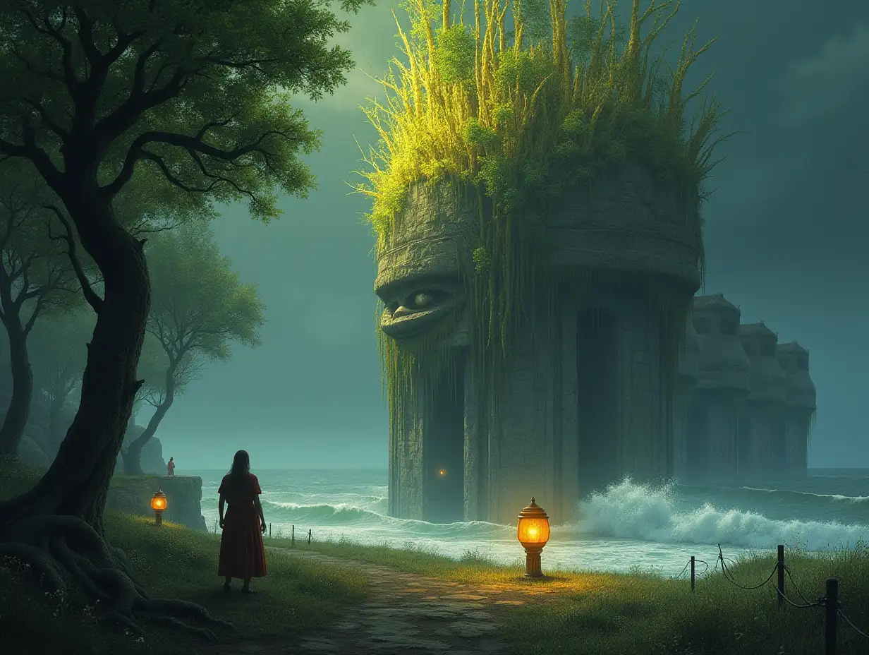 Creating a digital painting of a face on pillars with green and yellow root hair transforms into buildings with armor made of stone and the sea with incredible size waves  Illuminated trees and lantern and people on a meadow it sees at noon time