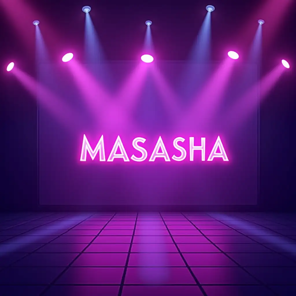 the logo is bright purple pink with the inscription Karaoke online MASASHA on a beautiful disco karaoke background with bright beams of spotlights and light music