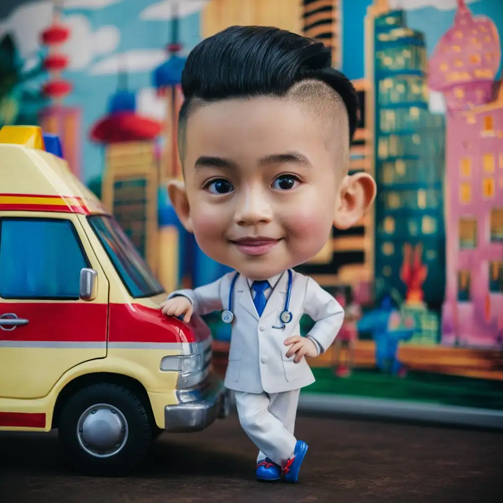 Photography, hyperrealistic 4D caricature potrait, chibi, wide shot, cityscape painting with a cartoon touch, a handsome Indonesian boy, 8 years old, wearing a doctor's suit, standing next to an ambulance,under cut hair.