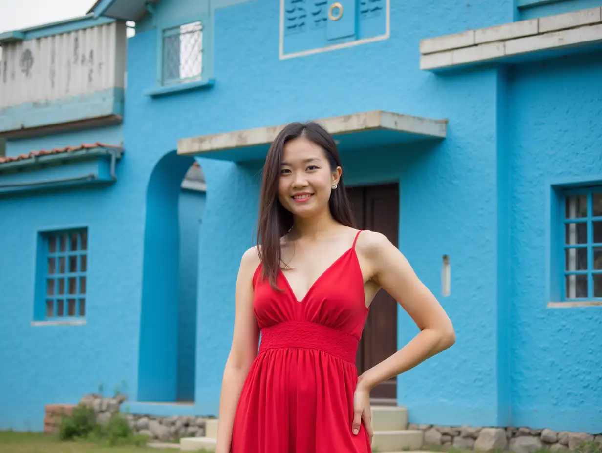 A woman in a red dress stands in front of a blue building