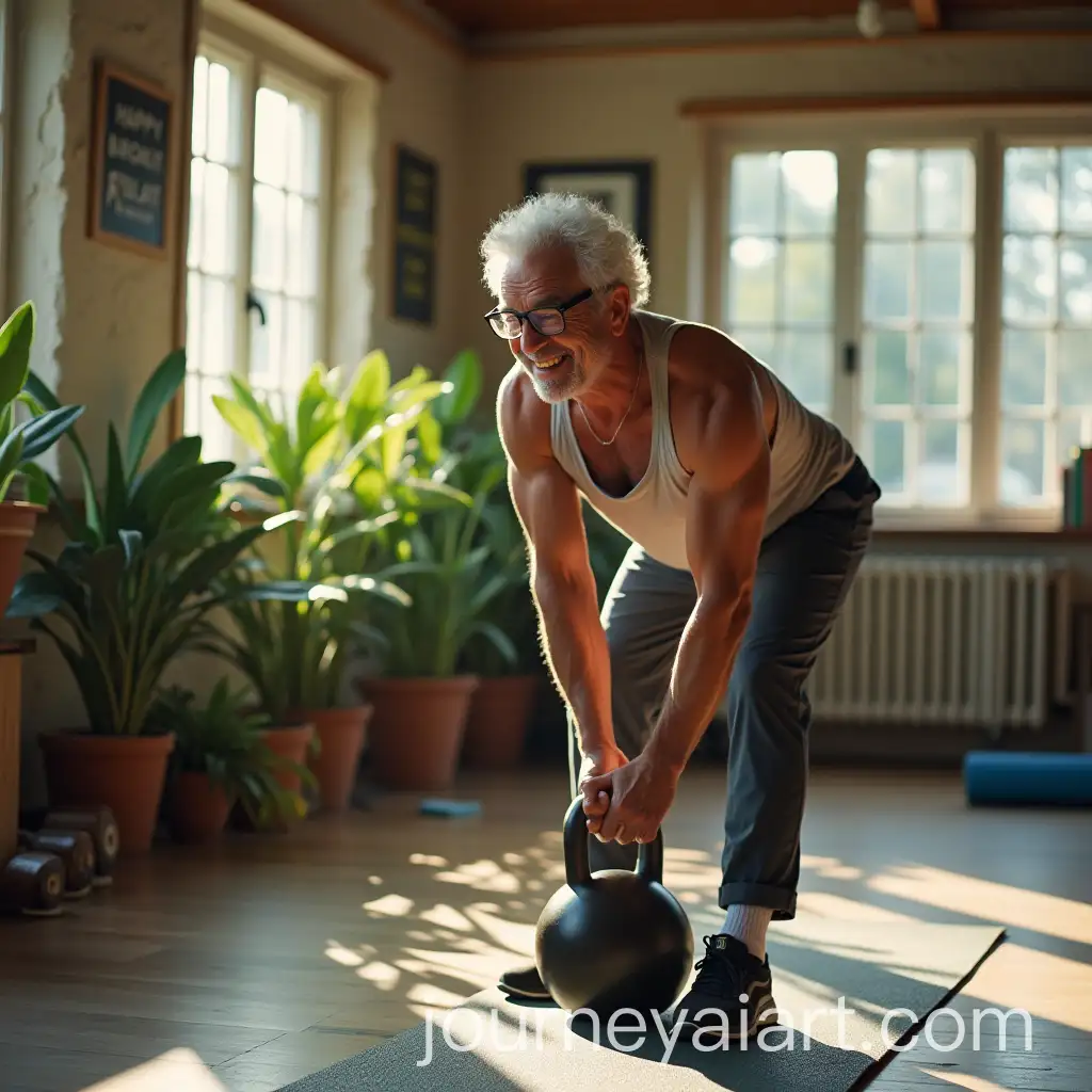 Milton-Erickson-Engaging-in-Kettlebell-Strength-Training-in-a-Sunlit-Gym